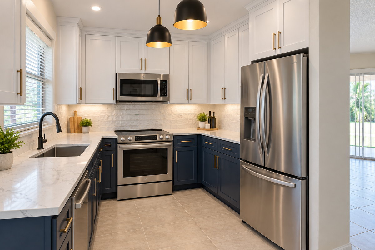 Kitchen after remodeling, with white and navy cabinetry, quartz countertops and stainless steel appliances