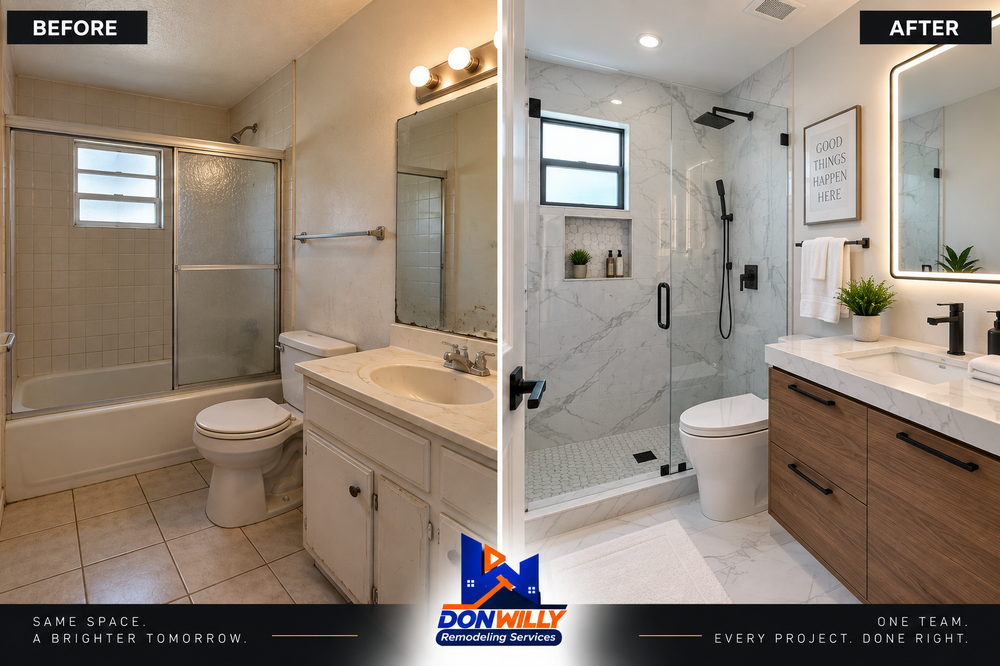 Bathroom transformation with marble-look porcelain, a frameless glass walk-in shower, floating vanity and matte black fixtures.