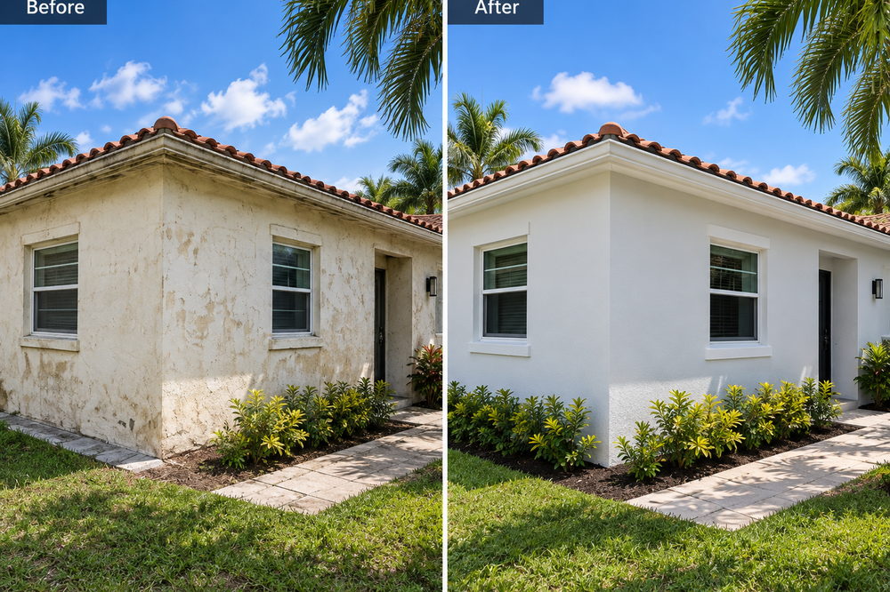 Exterior repaint and exterior improvements on a South Florida home with a barrel tile roof.