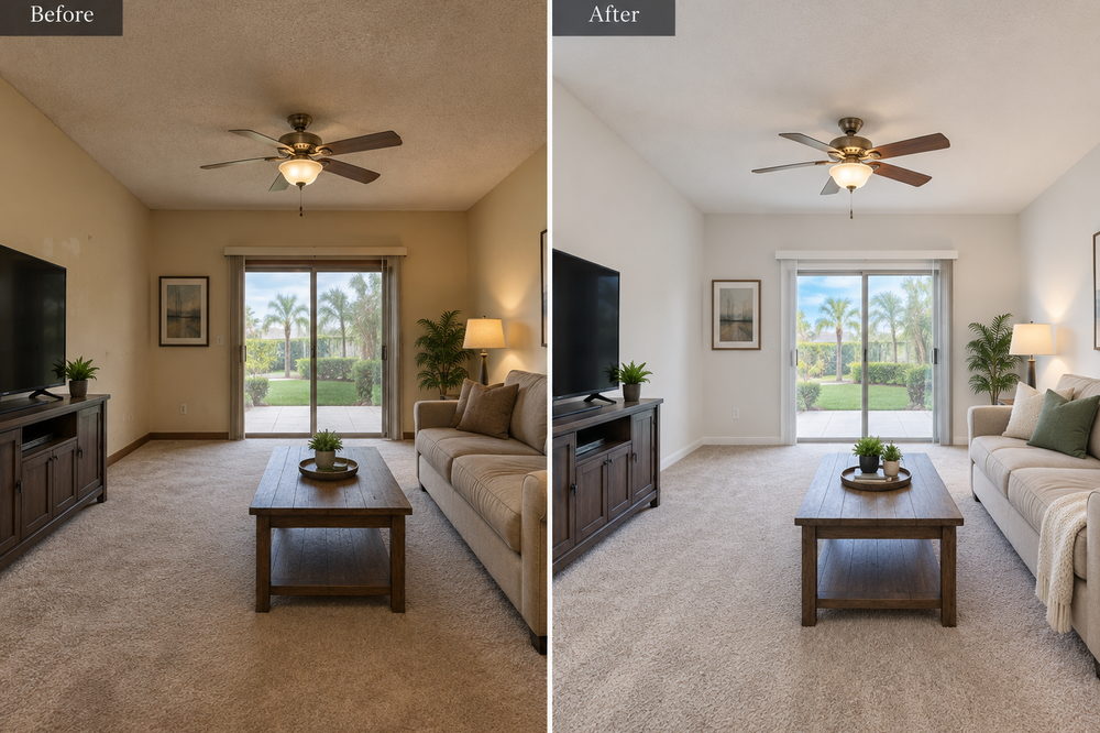 Existing living space refreshed with new flooring, updated paint and clean trim work.