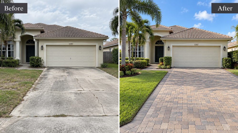 Cracked concrete driveway replaced with a new paver driveway, fresh lawn and landscaping.