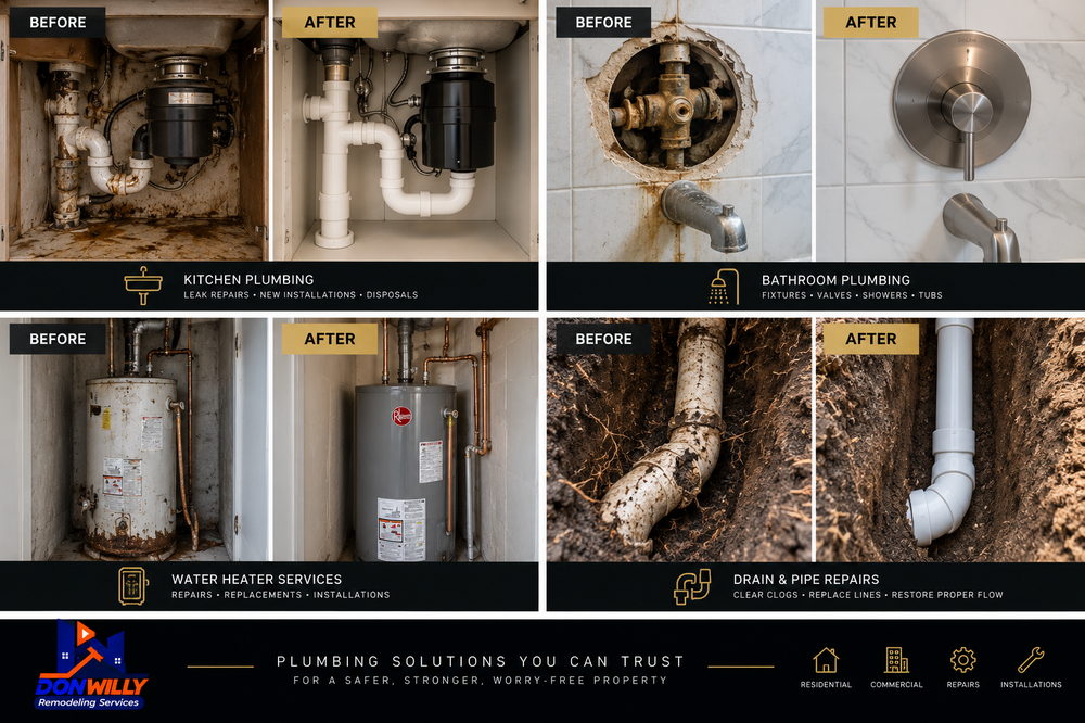 Plumbing repairs, fixture replacement, drain and water-line related work tied into remodeling projects.