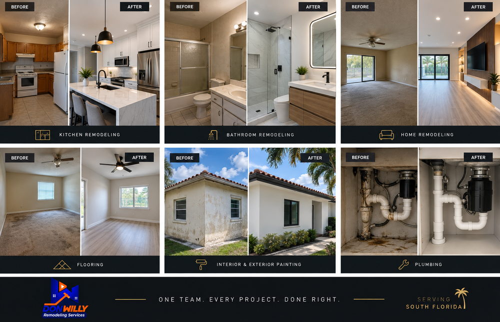 Overview of completed Don Willy Remodeling Services projects including kitchens, bathrooms, tile work, plumbing and exterior work