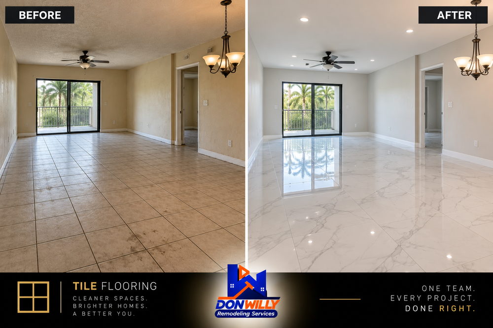 Old flooring removed and replaced with new tile, finished with new baseboards throughout.