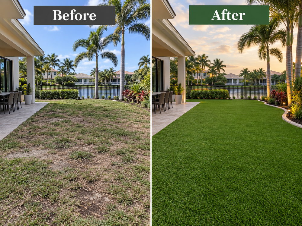 Patchy lawn replaced with lush artificial turf and a paver border on a lakeside backyard.
