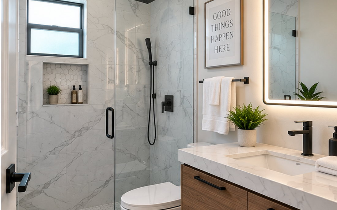 Renovated bathroom with marble-look porcelain, a glass walk-in shower and a floating vanity
