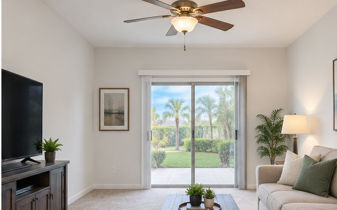 Furnished living room after a complete home renovation, with new flooring and fresh paint