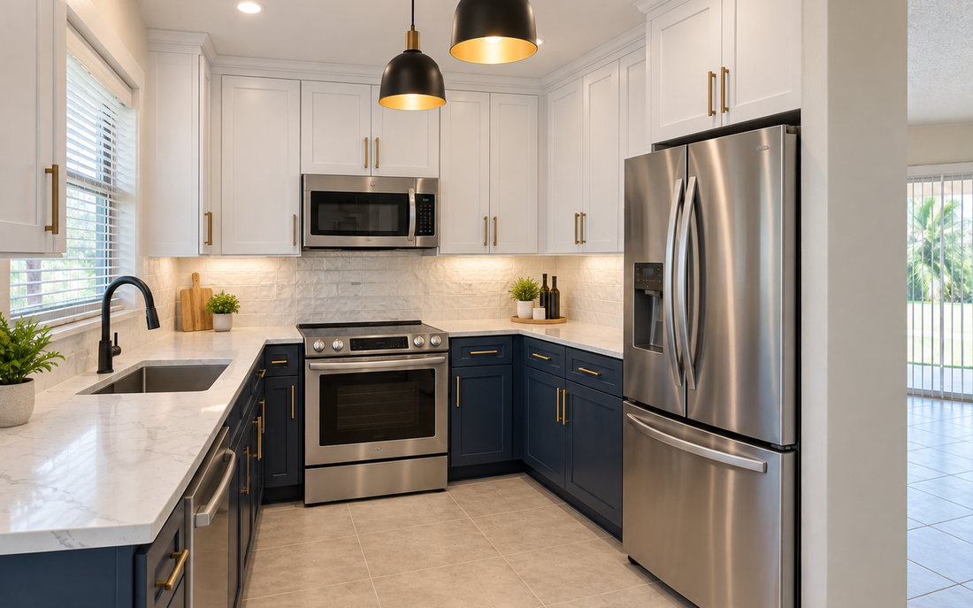 Remodeled kitchen with white and navy shaker cabinets, quartz countertops and stainless steel appliances