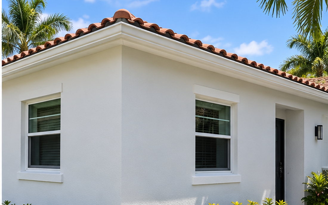 Freshly painted exterior of a South Florida home with a barrel tile roof and palm trees