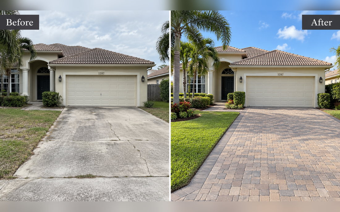Before and after: a cracked concrete driveway replaced with a new paver driveway and fresh lawn