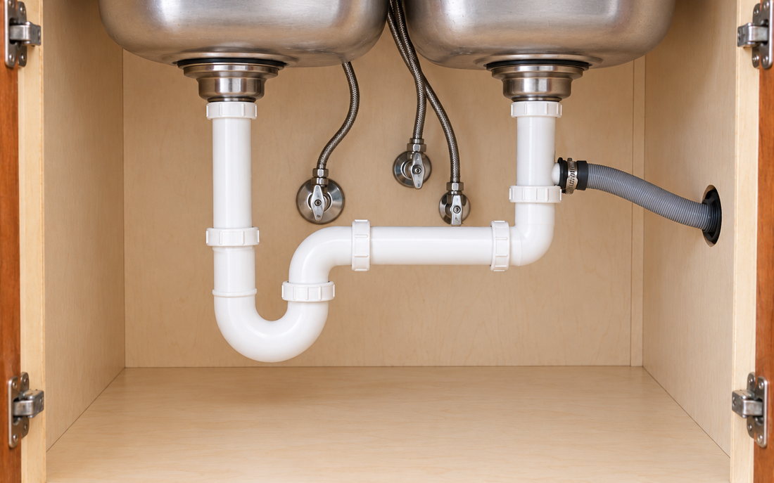 Newly installed under-sink plumbing with dual basins and a clean drain assembly