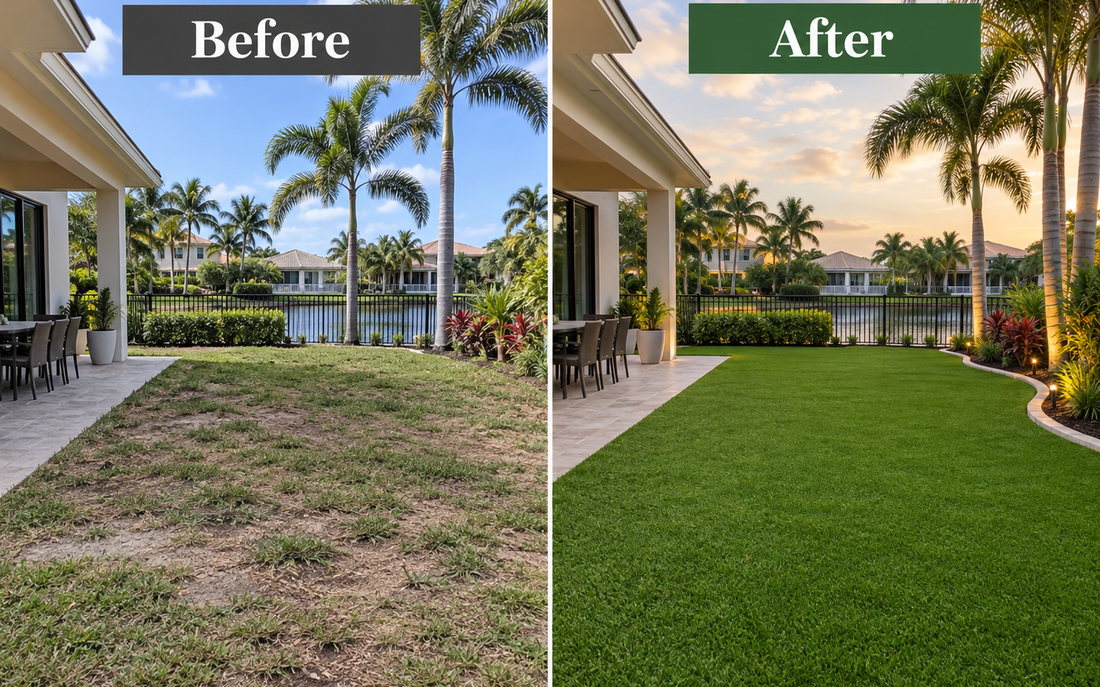 Before and after: a patchy lawn replaced with lush artificial turf and a paver border